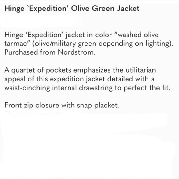 🌸 Hinge Nordstrom 'Expedition' Olive Green Army Utility Cargo Jacket Small - Picture 7 of 8